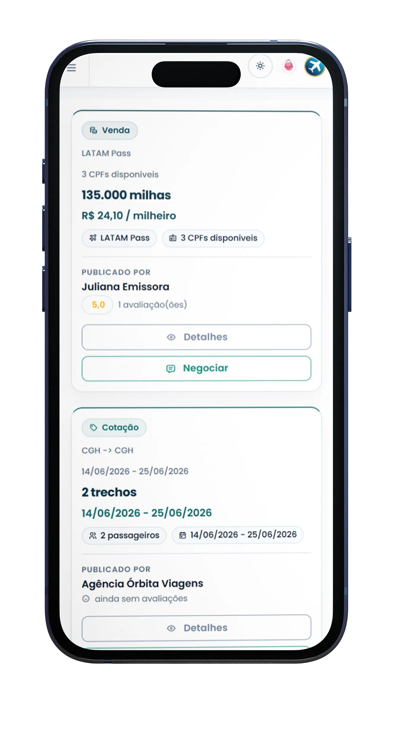 Demonstração do marketplace EuQueroMilhas no celular