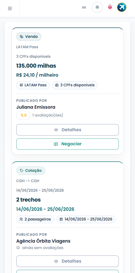 Tela de ofertas da plataforma EuQueroMilhas